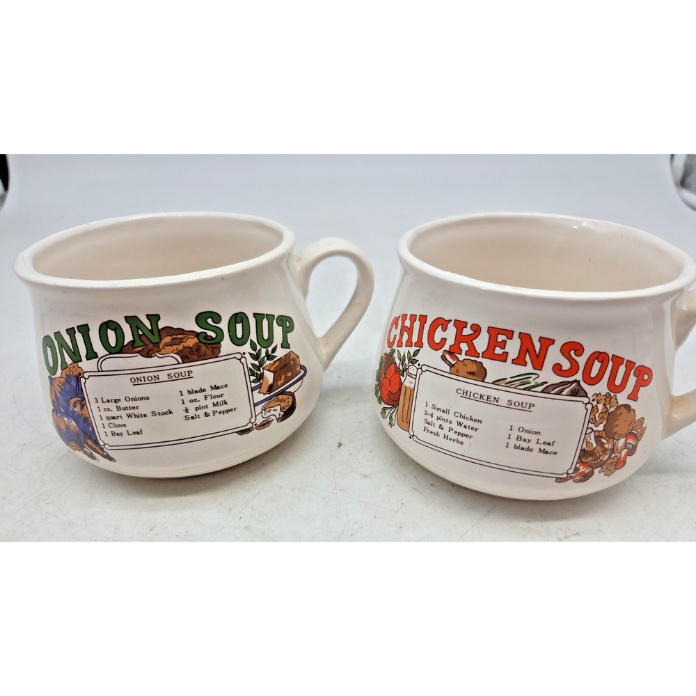 Vintage Ceramic Recipe Soup Bowl Cup Mug Chicken Soup Onion Soup Mugs W/ Handle